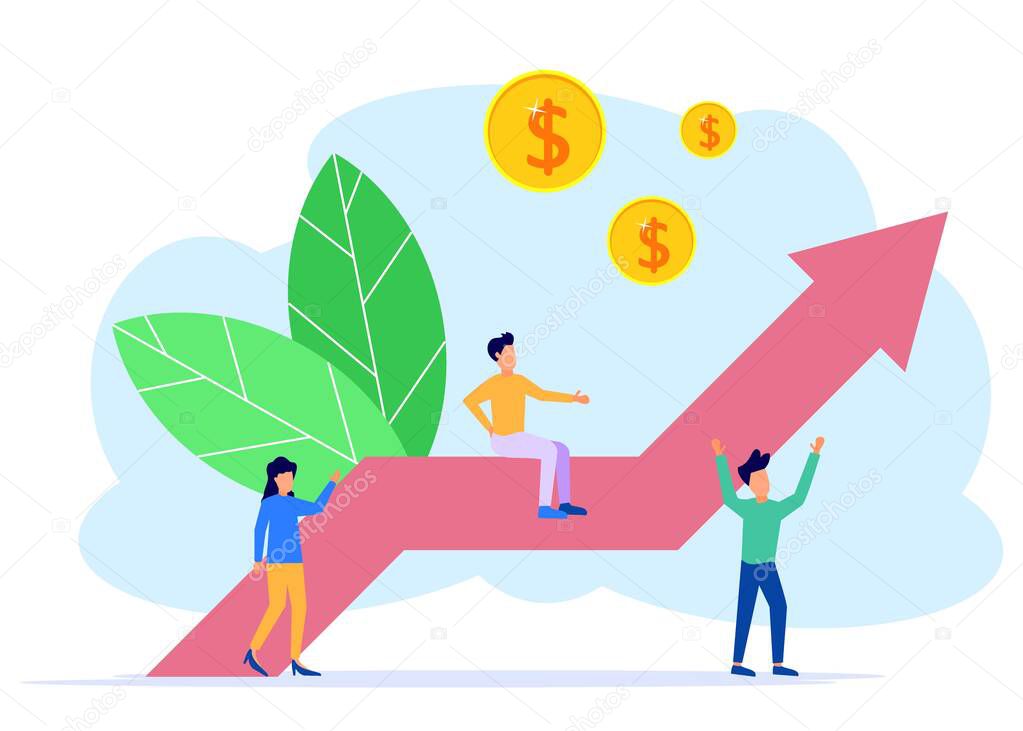 Vector illustration of a business concept. Profits increase. Sales growth concept. career to success. Business people build businesses from scratch.