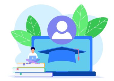 Çevrimiçi eğitim kavramının vektör illüstrasyonu, profesyonel öğretmen servisi, e-kitap aygıtı simgesi seti. Dijital öğrenme, online öğretmenler, e-kitap metaforları. Uzaklık okulu tartışma materyali.