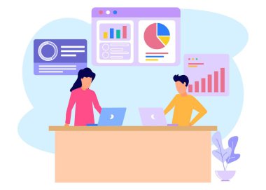 İş vektörü illüstrasyonu, takım çalışmasında yer alan iş adamları evrimsel ölçekli bilgi grafiklerini analiz ediyor.