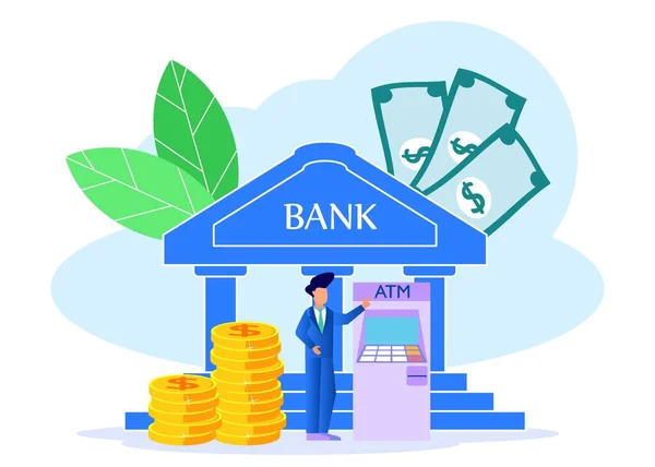 Vektor Illustration Des Geschäftskonzepts Bankgebäude Auf Blauem Hintergrund Geldsparen Geldwechsel — Stockvektor