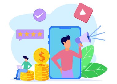 Video pazarlama konseptinin vektör illüstrasyonu. Medya aracılığıyla iş terfisi. Web siteleri, mobil siteler ya da iniş sayfaları için kullanılabilir. Düzenlemek ve kişiselleştirmek kolay. Vektör illüstrasyonu