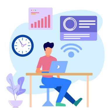 İş konseptinin vektör illüstrasyonu, çalışma odasında dizüstü bilgisayarla oturan genç bir serbest yazar. Büyüme grafik simgesi. Düzenlemek ve kişiselleştirmek kolay. Vektör illüstrasyonu