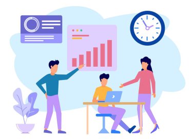 Seo Analitik Ekibi konseptinin düz stil çizimi. İş adamları fikir, öneri ve fikir alışverişinde bulunarak bir iş kurarlar. Düzenlemek ve kişiselleştirmek kolay. Vektör illüstrasyonu.