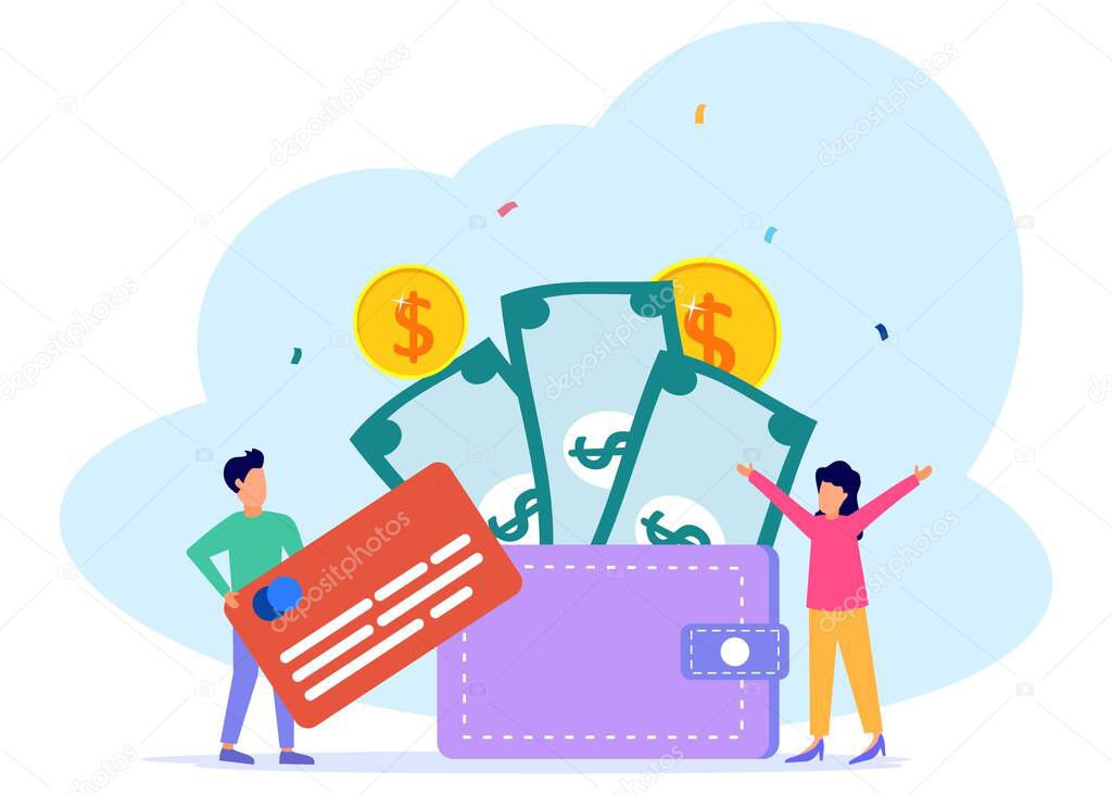 Vector illustration of business concept, dollar bill, online payment, open wallet with coins. happy people around money.