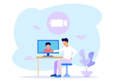 Düz stil vektör çizimi. Evde online video konseptiyle çalışmak, iş adamları dizüstü bilgisayarlarla çalışmak, Coronavirus salgını sırasında karantinada kalmak..