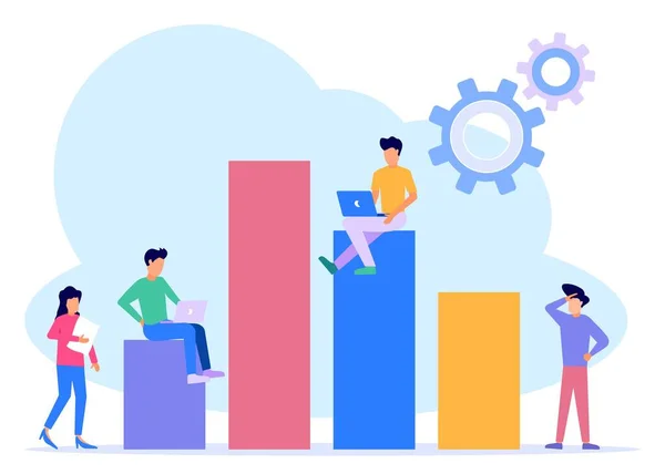 Vektor Illustration Affärsidéer Affärsmän Studerar Infographics Grafer Kolumner Analysera Skalan — Stock vektor