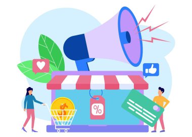 Düz stil vektör illüstrasyonu, dükkan, ticaret stratejisi, indirimler, ürün ve hediyelerin online alımı ve teslimi, gayrimenkul yatırımı, alışveriş kavramları, iş promosyonları.