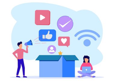 Sosyal medya kavramının vektör illüstrasyonu, İnternet, ilginç içerik ve videolar yoluyla iş yapmak, kullanıcıların ve sosyal medyanın hikayelerini paylaşmak. Düzenlemesi ve kişiselleştirmesi kolay.