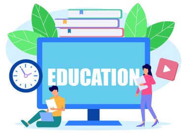 Düz stil vektör çizimi. Eğitici konular üzerine metin. Gençler kitaplardan ve internetten bilgi alırlar. sadece okul için dizayn kompozisyonu.