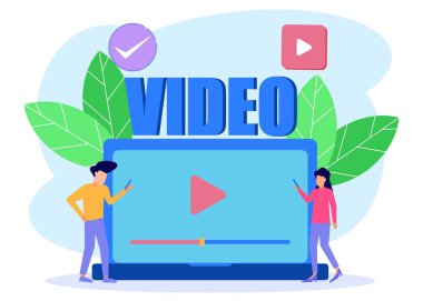 Modern vektör çizimi. Video oluşturun ve oynayın, vlogerlar bloglarda veya video günlüklerinde bradcast paylaşırlar. Video günlüğü, web televizyonu veya gömülü video kavramları.