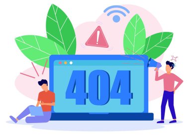 İş konseptinin vektör illüstrasyonu, hata 404, internetten uzak dur, ulaşılamaz, rahatsız ve hayal kırıklığına uğramış iş adamları.