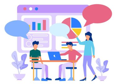 İş kavramlarının vektör illüstrasyonu, takım çalışması ile diyalog kuran iş adamları, bir toplantı masasında oturup düşünmek, fikirler ve öneriler, şirket bilgilerini analiz etmek,.