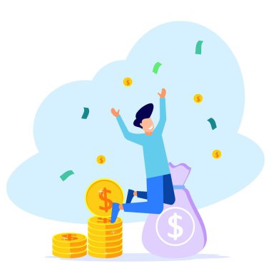 İş konseptinin vektör çizimi, yatırım ve nakit kazanç ekimi, başarıya doğru kariyer büyümesi, madeni para yığınından merdivene tırmanan adam..