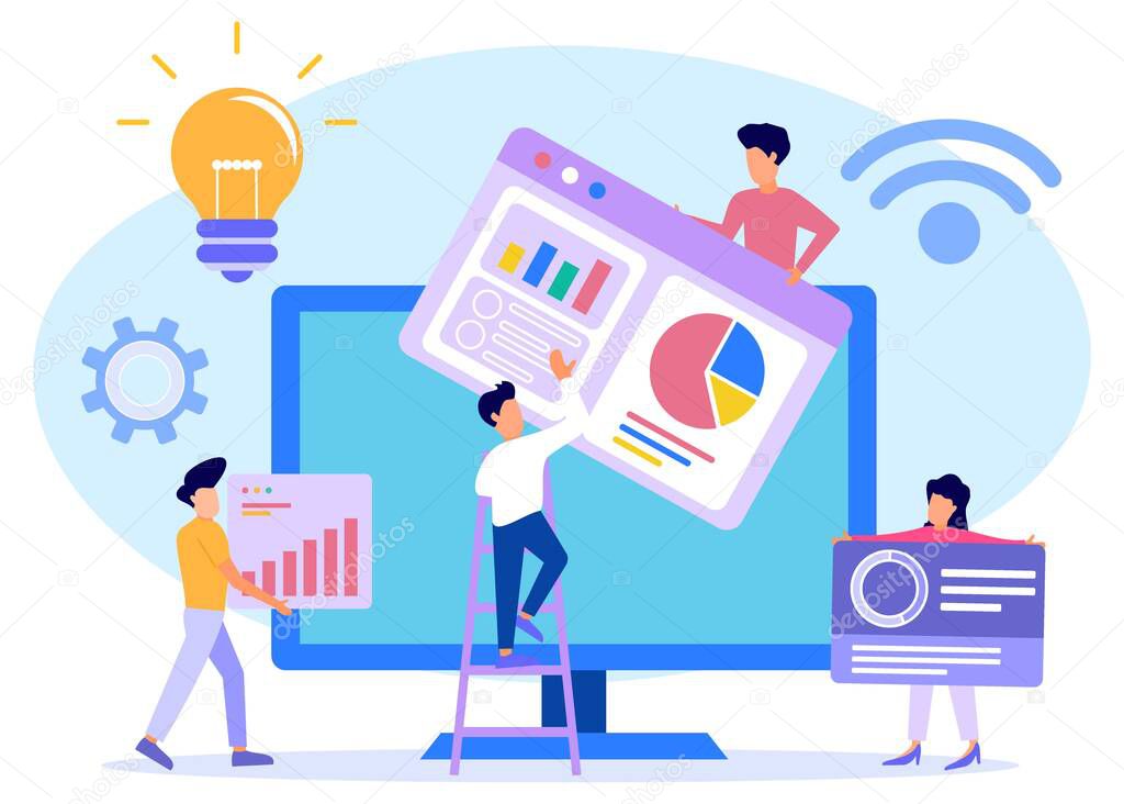 Business vector illustration, business people involved in teamwork analyzing evolutionary scale infographics.