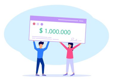 Düz tasarımda vektör illüstrasyonu. Bir milyon dolarlık banka çeki tutan mutlu erkekler ve kadınlar. Ödüllü ya da konsept burslu bir sınav kazananı.