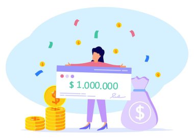 Düz tasarımda vektör illüstrasyonu. Mutlu şanslı kadın bir milyon dolarlık banka çeki tutuyor. Ödüllü ya da konsept burslu bir sınav kazananı.
