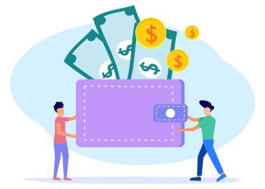 İki işadamı, içinde nakit ve kredi kartları olan büyük cüzdanlar taşıyor. Bütçe, finans ve gelir kavramı. Ev tasarrufu ve yatırım. Modern vektör illüstrasyonu.