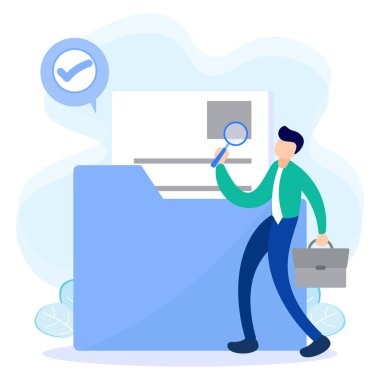 Önemli veriler içeren bir belgeye sahip bir karakterin modern düz stil çizimi. Çeşitli faaliyetlerden değerli dosyalar.