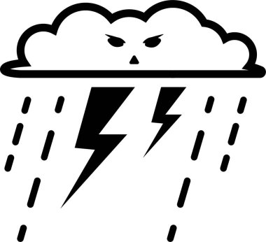 Kötü bir bulutun siyah ve beyaz vektör görüntüsü. Yağmur ve yıldırımlı bir bulutun soyut çizimi.