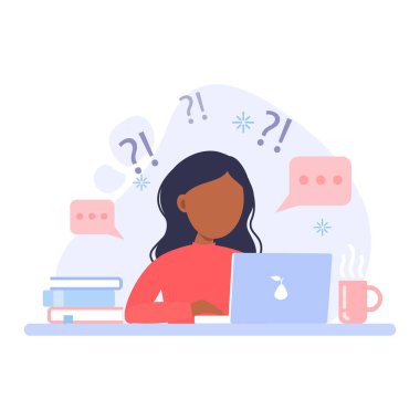 Bir çocuk, öğrenci ya da kız öğretmenin görevini ya da sorusunu anlamaz. Karantinada uzak bir çevrimiçi uzaklık eğitimi. Karakter masada oturuyor ve dizüstü bilgisayara bakıyor..