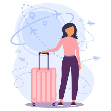 Bavullu bir kadın uçağa, trene ya da otobüse binmeyi bekliyor. Yaz zamanı. Havaalanındaki genç kız tatil hayali kuruyor. Bagajla seyahat ediyorum. Vektör düz çizgi film illüstrasyonu.