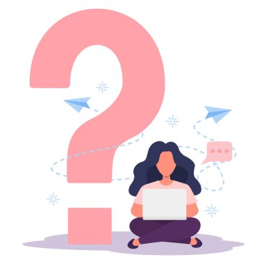 Kız, kadın dizüstü bilgisayara bakıyor. Soru işareti sembolü. İşçi, öğrenci, karakter öğretmenin görevini ya da sorusunu anlamıyor. İnternette cevap arıyorum. Vektör düz resimleme.