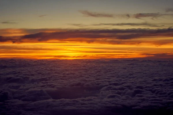 Orange Sky Clouds Airplane Window Evening Flight — Stock Photo, Image
