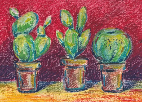 Creative painting with three cacti on a red background. Drawn in crayons by hand. Prickly houseplant