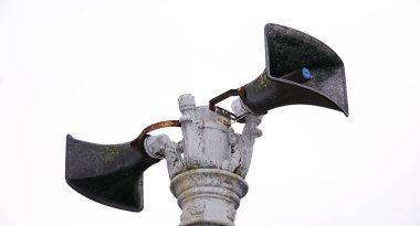 Kiev, Ukrayna 24 Ocak 2020: Kiev 'de ulusal ekonomiyi elde etme sergisi kompleksinde vintage hoparlör