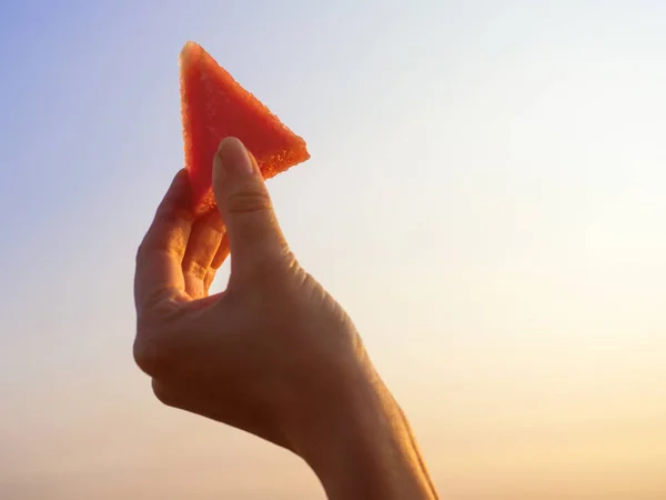 Triangular Slice Watermelon Hand Girl Sky — Stock Photo, Image
