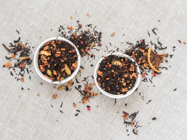 Folhas Secas Chá Frutas Pretas Com Canela Maçã Laranja Coentro — Fotografia de Stock