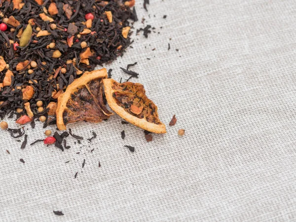 Dry Leaves Black Fruit Tea Cinnamon Apple Orange Coriander Cardamom — Stock Photo, Image