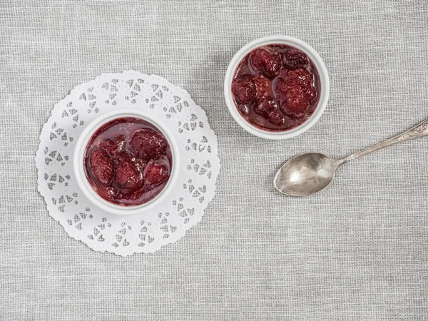 Homemade Strawberry Sweet Delicious Jam Whole Berries White Background Top — Stock Photo, Image