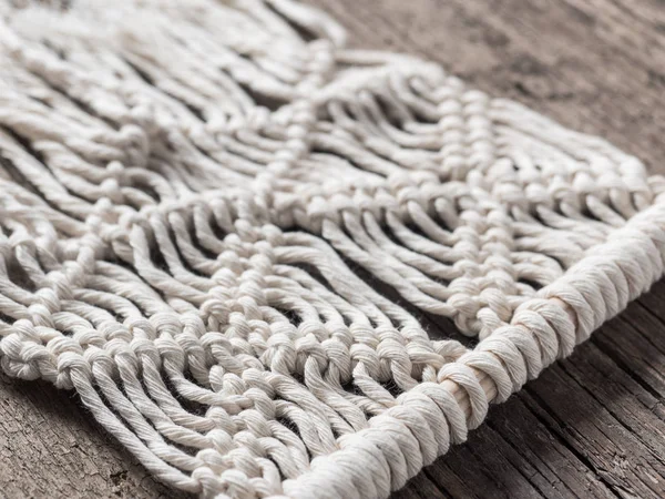 Macrame Macrame Weaving White Thread Wooden Background Closeup — Stock Photo, Image