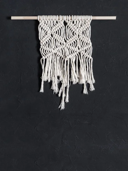 Macrame Macrame Weaving White Thread Black Background Closeup — Stock Photo, Image