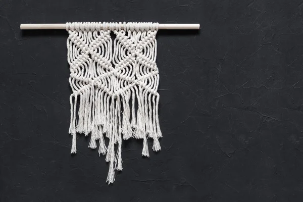 Macrame Macrame Weaving White Thread Black Background Closeup — Stock Photo, Image