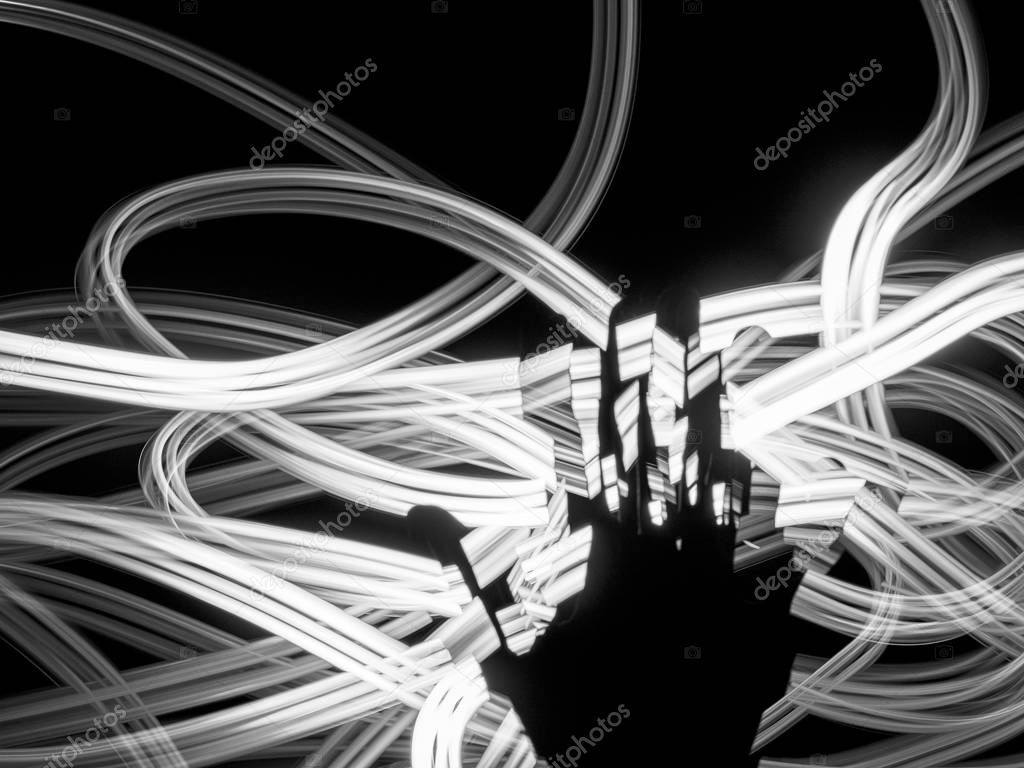 Hand silhouette against white light lines abstract background. Nerves, energy, meditation concept. Futuristic glowing path