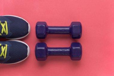 Spor ve aktif yaşam tarzı kavramı. Mor koşu ayakkabıları ve pembe arka planda iki halter. Düz yatıyordu. Üstte görüntü
