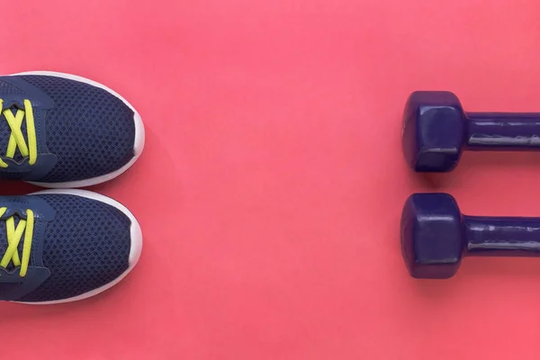 Sports and active lifestyle concept. Purple running shoes and two dumbbells on pink background. Flat lay. Top view