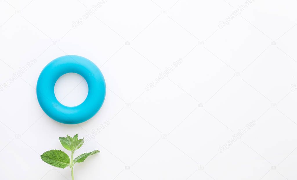 Zero calories and zero waste minimalistic concept background. Blue torus and fresh green mint leaves on white background. Flat lay, copy space