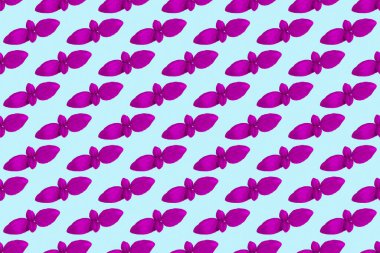 Taze pembe fesleğen yaprakları, mavi arka planda izole edilmiş, pürüzsüz trend deseni.