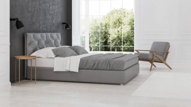 Yatak odası iç. Modern Klasik. 3D render.