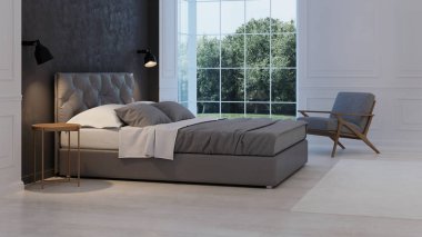 Yatak odası iç. Modern Klasik. 3D render.
