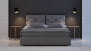 Yatak odası iç. Modern Klasik. 3D render.