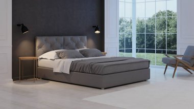 Yatak odası iç. Modern Klasik. 3D render.
