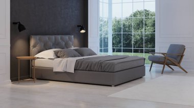 Yatak odası iç. Modern Klasik. 3D render.