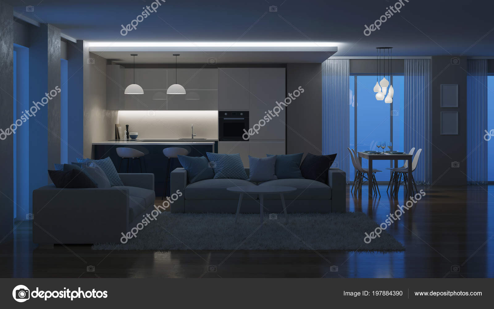 Modern House Interior Evening Lighting Night Rendering