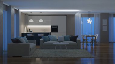 Modern ev iç. Akşam aydınlatma. İyi geceler. 3D render.