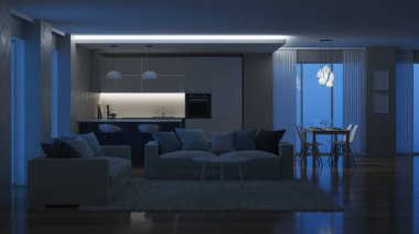Modern ev iç. Akşam aydınlatma. İyi geceler. 3D render.