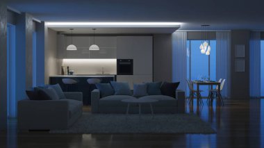 Modern ev iç. Akşam aydınlatma. İyi geceler. 3D render.